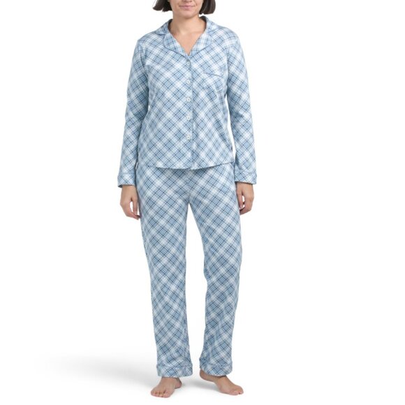POPPY & CLAY Blue Organic Cotton Plaid Notch Collar Pajama Set - Picture 1 of 2